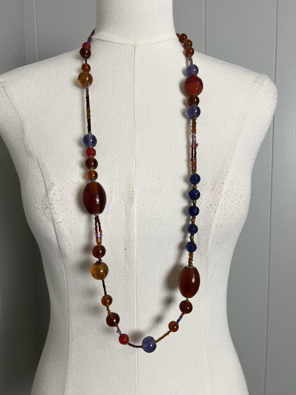 Vintage Heavy Glass Necklace Statement Multicolor Bead Long Artisan Boho Hippie